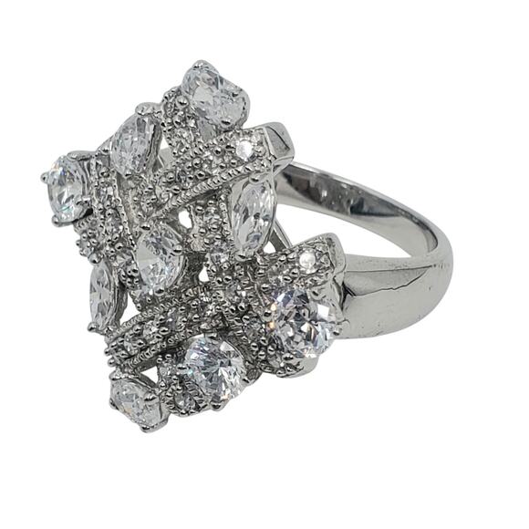 Vtg Simulated-Dmnd CZ Tic Tac Toe Woven Sterling Silver Cocktail Ring 8-1/2 - Picture 4 of 6